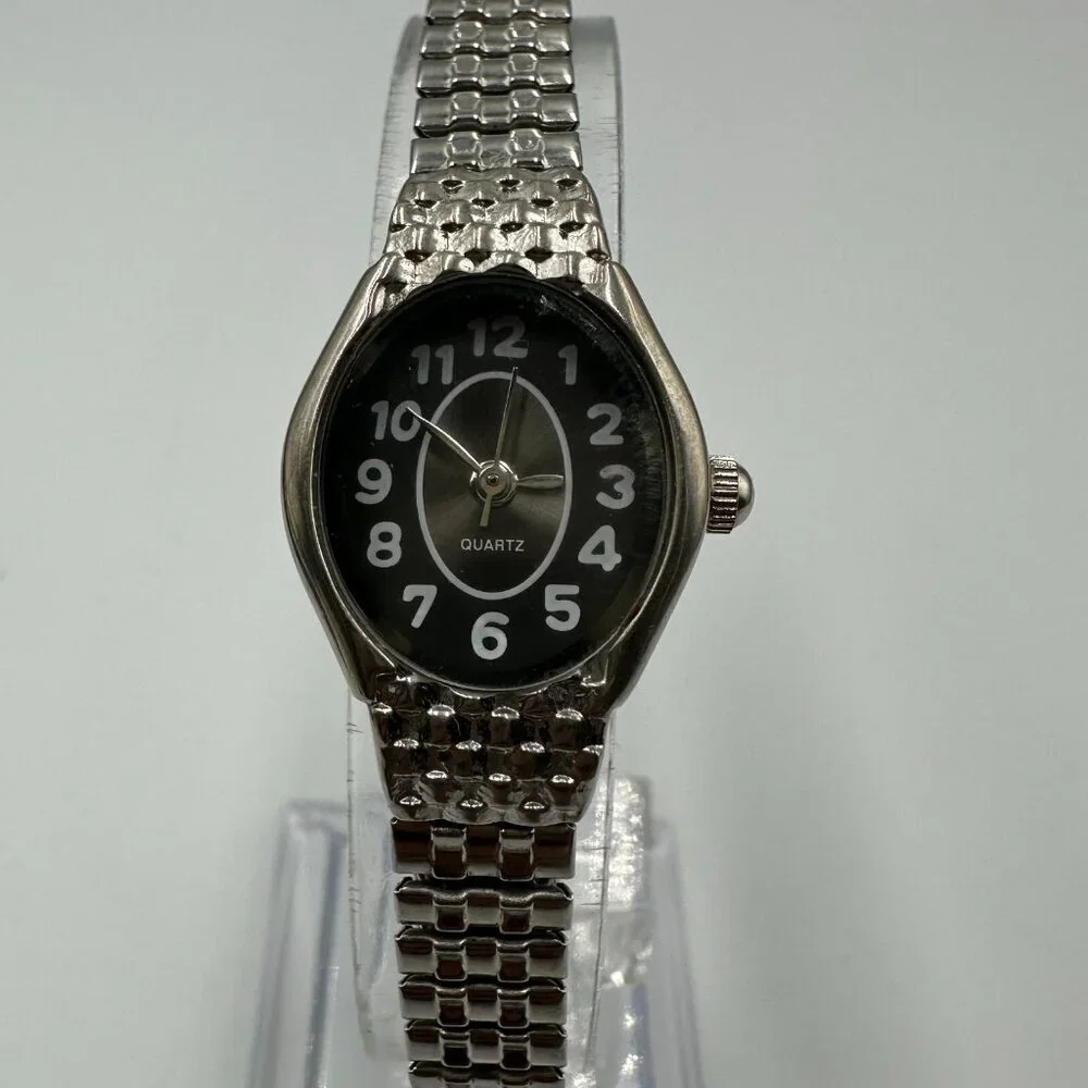 3/$30 Oval Dial Watch Women Black Face Silver Stretch Band New Battery 6.25